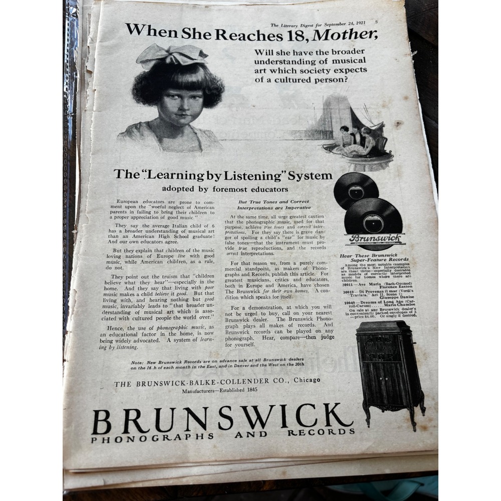 Brunswick Print Ad 1921 Black White Vintage Phonograph Records Music Decor